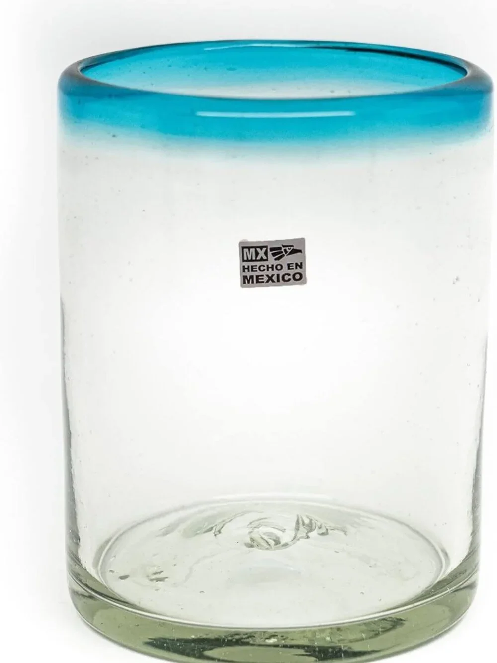 Rustic Hand-Blown Aquamarine Rim Tumblers - Set of 6 Recycled Bubble Glasses